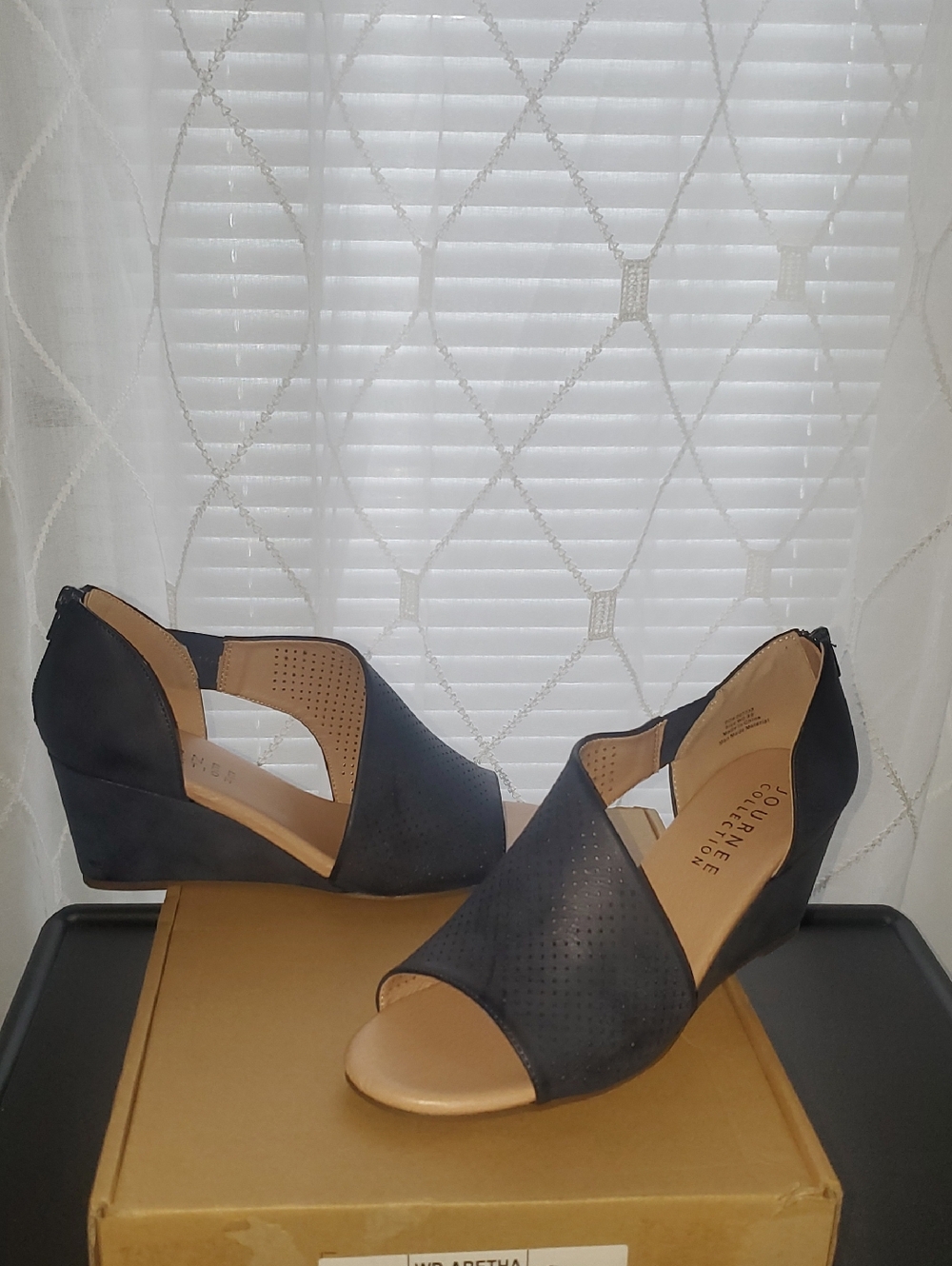 Journee Collection Navy Perforated Open-Toe Wedge Sandals